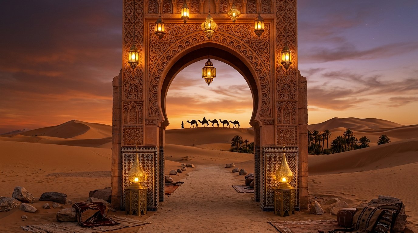 Your Gate to the Sahara — Twilight Moroccan Arch with Glowing Lanterns